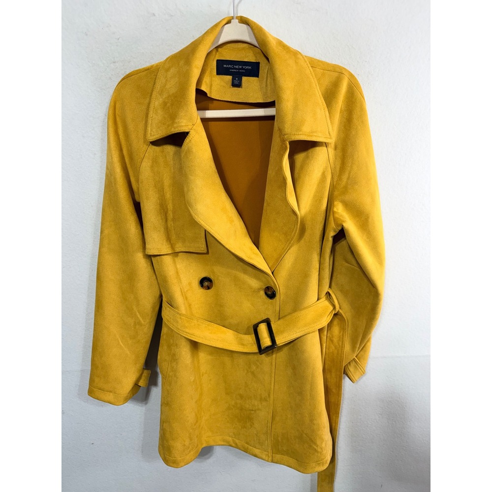 Marc New York Trench Coat Faux Suede Belted Double Breasted M Mustard Yellow